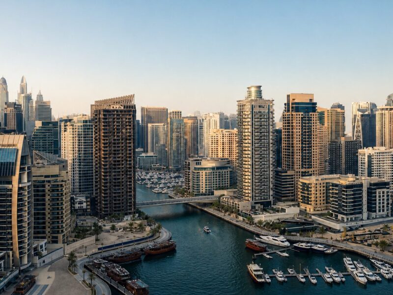 朝の光に照らされたドバイマリーナの高層住宅と水路